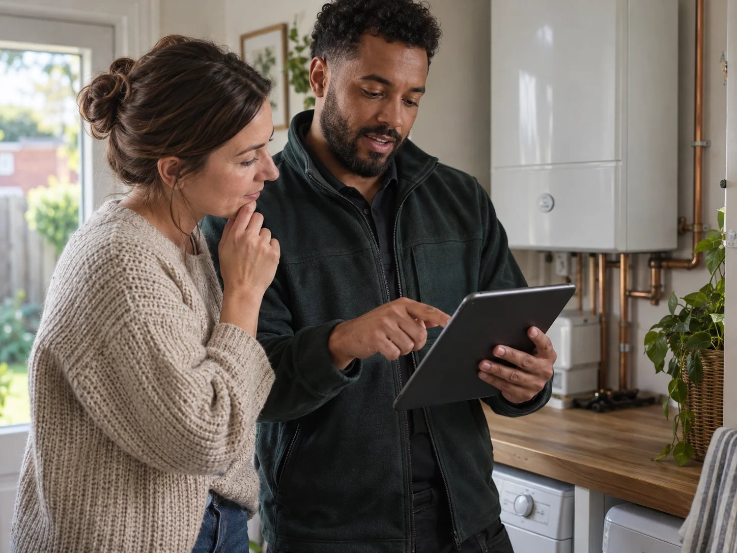 A homeowner and tradesperson reviewing a selected home document together