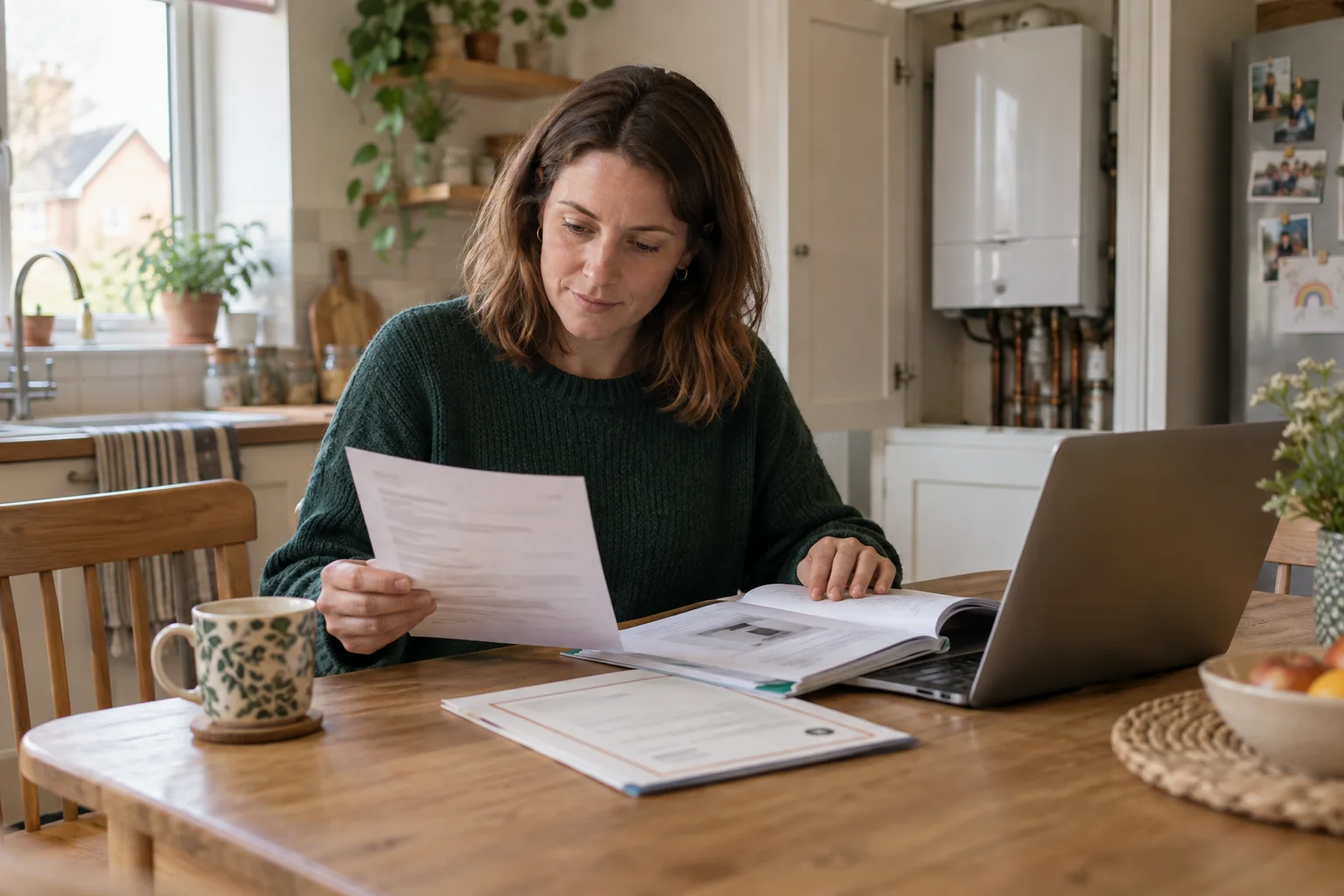 A homeowner organising maintenance documents at a kitchen table
